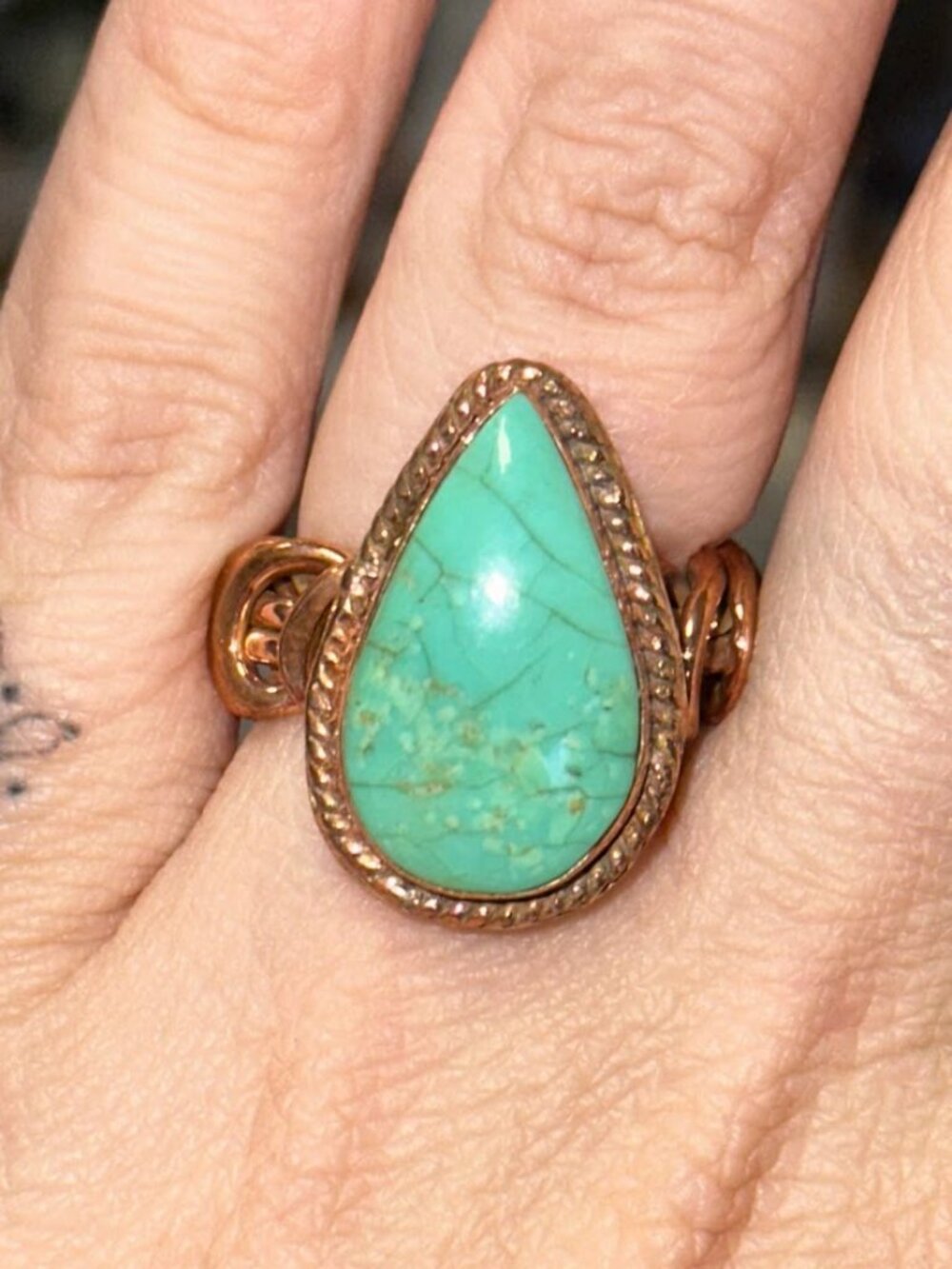 Teardrop Turquoise Stone Pure Copper Wire Wrapped Bypass Ring